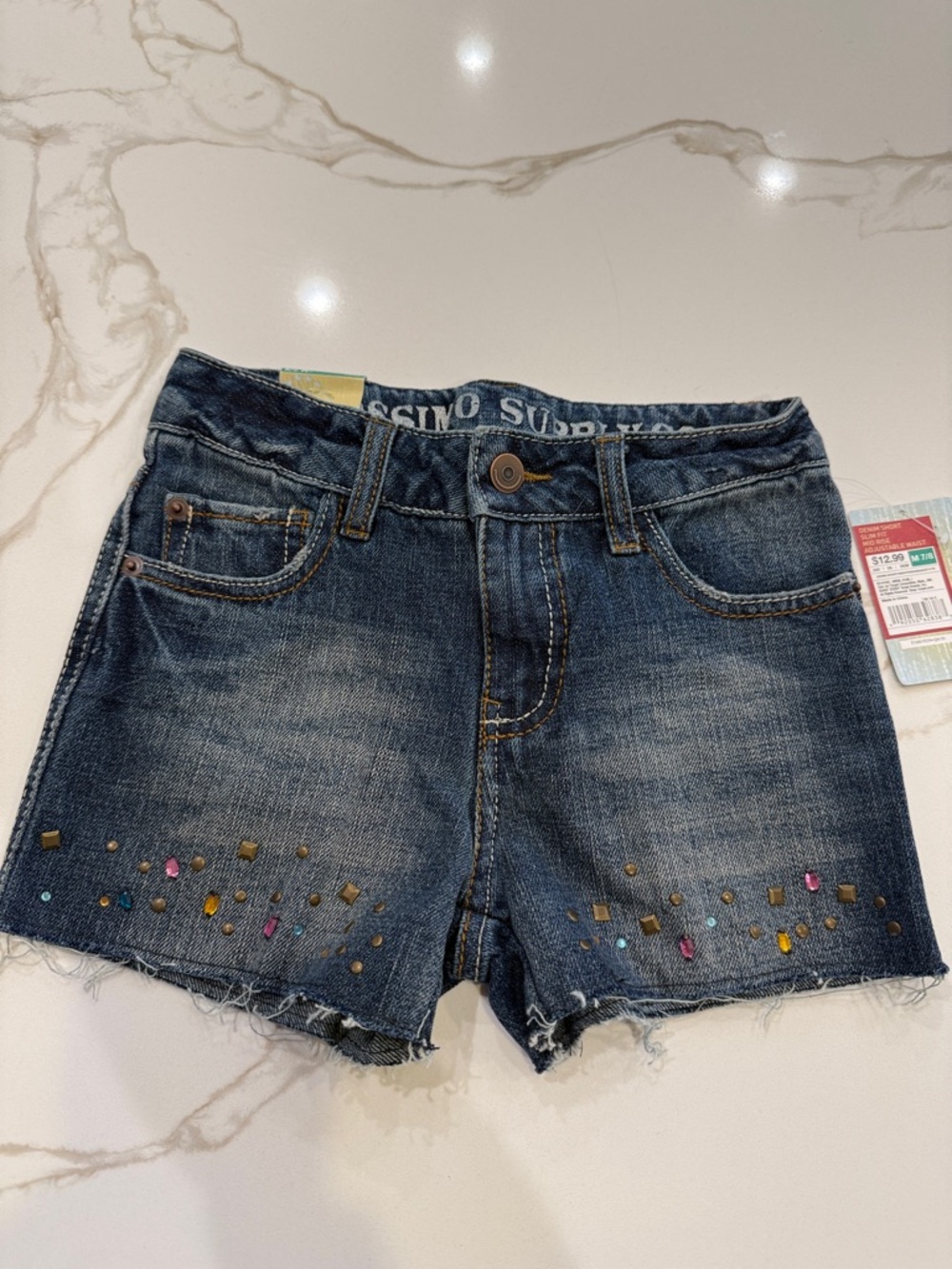 Girls Denim Cutoff Shorts with Multicolor Studs